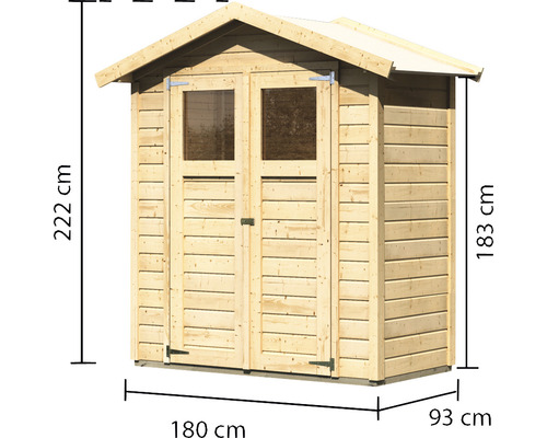 Houten tuinhuis met dubbele deur en raam en maatvoering