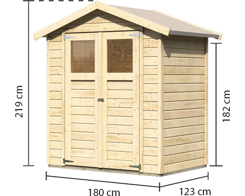 Houten tuinhuis met dubbele deur en afmetingen 219 cm hoog, 180 cm breed en 123 cm diep.