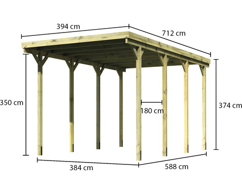Illustratie van een houten carport met afmetingen