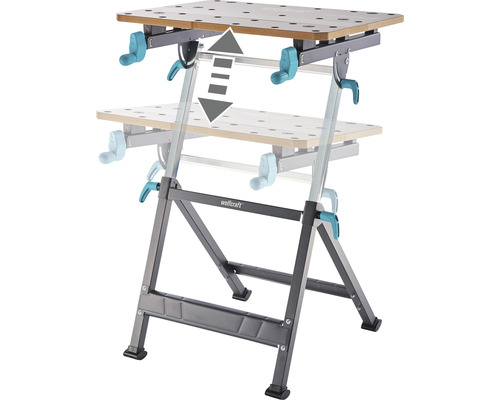 In hoogte verstelbare werkbank met houten blad en stalen frame