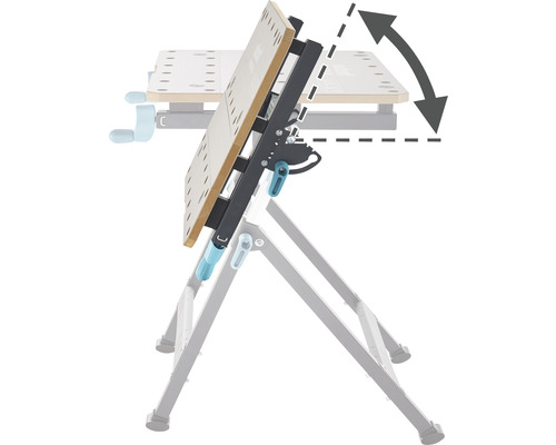 Verstelbare werkbank met inklapfunctie en pijl die de helling aangeeft.
