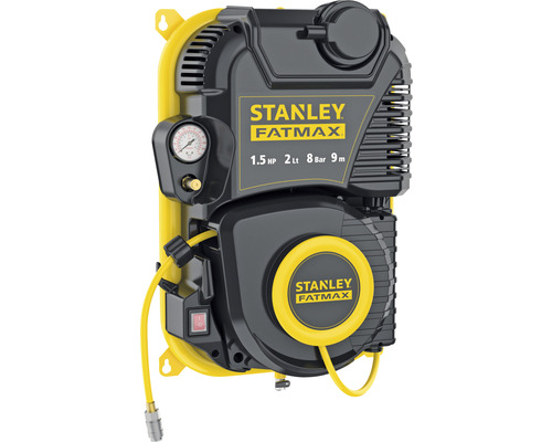 Stanley Fatmax compressor met 1.5 pk vermogen, 2 liter tankinhoud, 8 bar druk en 9 meter slanglengte.