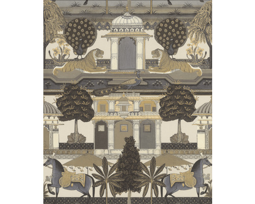 RASCH Vliesbehang 746228 Indian Style steden en plaatsen grijs Behang met motieven van tijgers, pauwen, paarden en gebouwen in oosterse stijl
