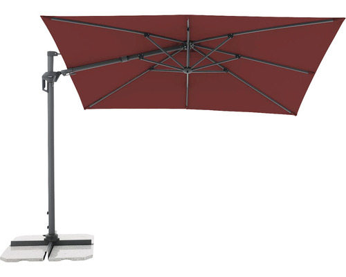 Vrijhangende parasol met rechthoekig, rood scherm en grijs frame op een sokkel.