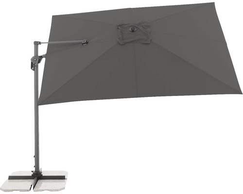 Rechthoekige zweefparasol met voet voor de tuin of het terras.