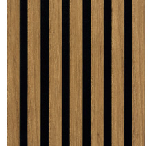 Akoestisch paneel met houten structuur en zwarte lamellen