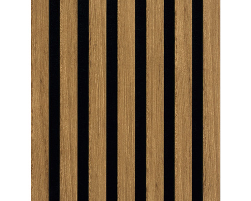 Akoestisch paneel met houten structuur en zwarte lamellen