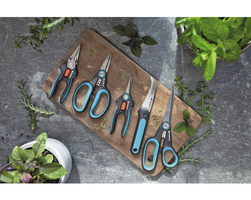 Gardena tuinscharen en tuinmes op houten plank met kruiden
