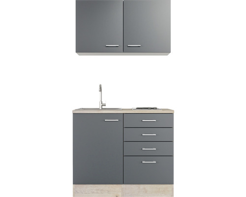 Compacte kitchenette met spoelbak, lades en hangkasten