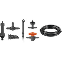 Gardena Micro-Drip-System met filter, T-stuk, regel- en reduceerstuk, steunpaal, druppelaar en slang