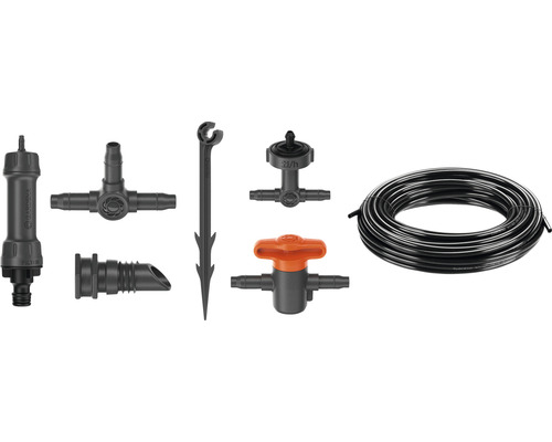 Gardena Micro-Drip-System met filter, T-stuk, regel- en reduceerstuk, steunpaal, druppelaar en slang