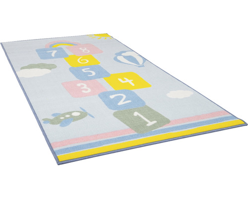 Kindertapijt met hinkelpatroon, vliegtuig, ballon en regenboog