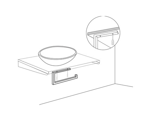 Tekening van een wastafelmeubel met handdoekhouder en montage-overzicht