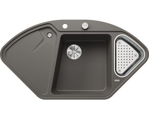 Hoekspoelbak van Silgranit met afdruipvlak en zeefkorf