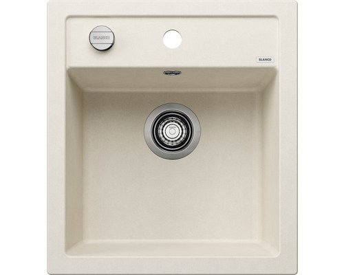 Spoelbak van materiaal in beige met afvoergarnituur en Blanco logo