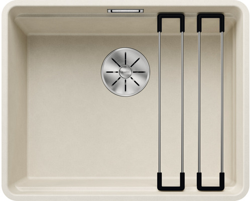 Beige spoelbak met afdruiprek en zeefkorf