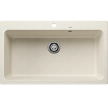 Beige spoelbak met één bak en een afvoergarnituur