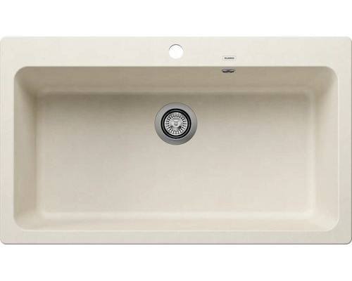 Beige spoelbak met één bak en een afvoergarnituur