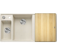 Beige spoelbak met afdruiprek en houten snijplank