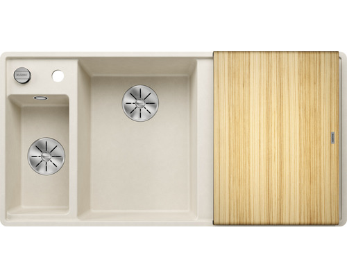 Beige spoelbak met afdruiprek en houten snijplank