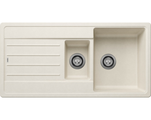 Beige spoelbak met afdruiprek en twee wasbakken