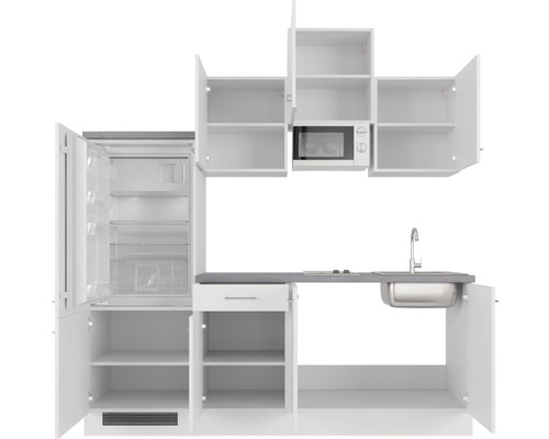 Keukenblok met koelkast, magnetron en spoelbak