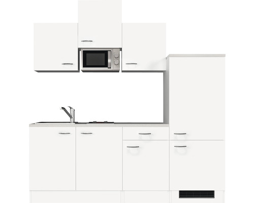 Witte keuken met spoelbak, fornuis en magnetron