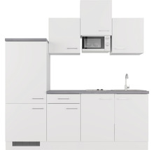 Moderne keuken met witte kasten, spoelbak en magnetron