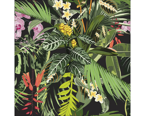 PURE LIVING Schilderij glas Junglebladeren 20x20 cm Illustratie van tropische planten en bloemen.