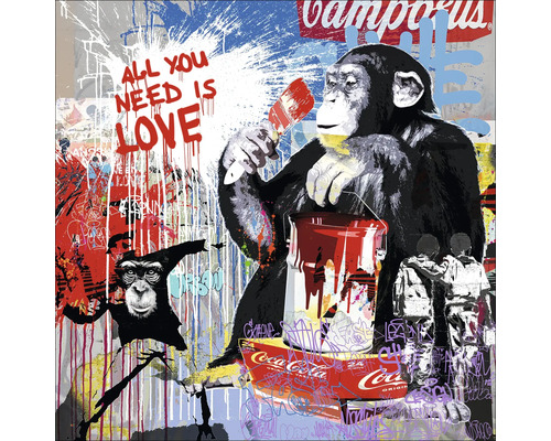 Schilderij met apen, verfblik, penseel en het opschrift ''All you need is love''