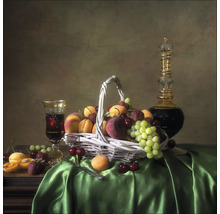 Stilleven met fruitmand, drank en karaf
