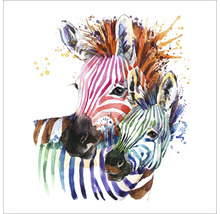 Aquarel afbeelding van twee zebra''s, moeder en jong, met kleurrijke strepen