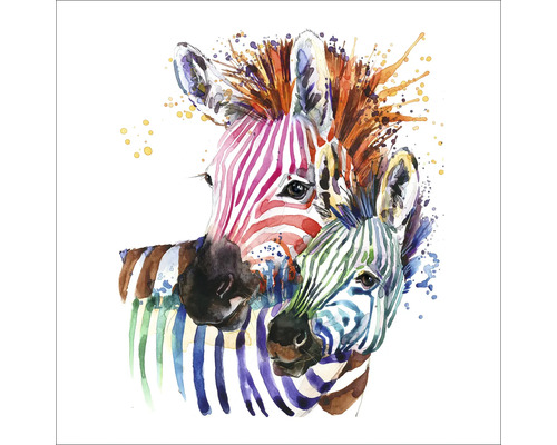 Aquarel afbeelding van twee zebra''s, moeder en jong, met kleurrijke strepen