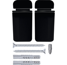 Twee zwarte toiletrolhouders voor wandmontage met bevestigingsmateriaal
