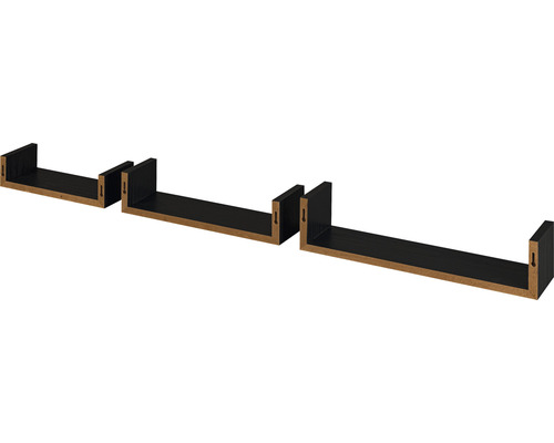 Drie zwarte wandplanken van hout in verschillende maten