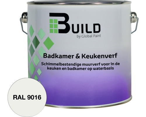 BUILD Badkamer & keukenverf RAL 9016 2,5 l Verfemmer met de tekst Badkamer en Keukenverf, schimmelbestendige muurverf op waterbasis