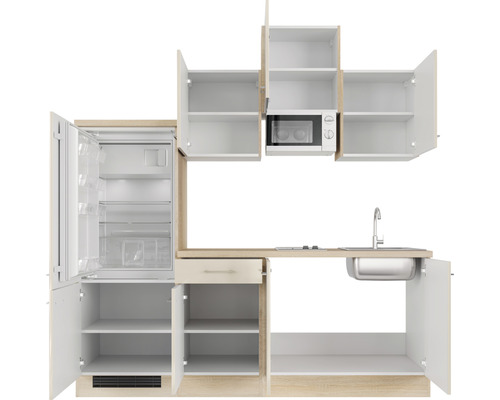 Keukenblok met koelkast, spoelbak, magnetron en opbergruimte
