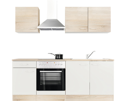 Keuken met spoelbak, fornuis, oven, afzuigkap en bovenkasten