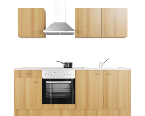 Keukenblok met spoelbak, fornuis, oven, afzuigkap en bovenkasten