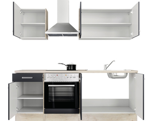 Keukenblok met gootsteen, fornuis, oven, afzuigkap en hangkasten