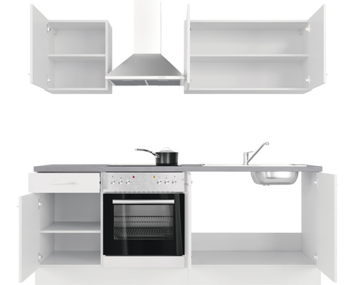 Keukenblok met kasten, gootsteen, fornuis, oven en afzuigkap