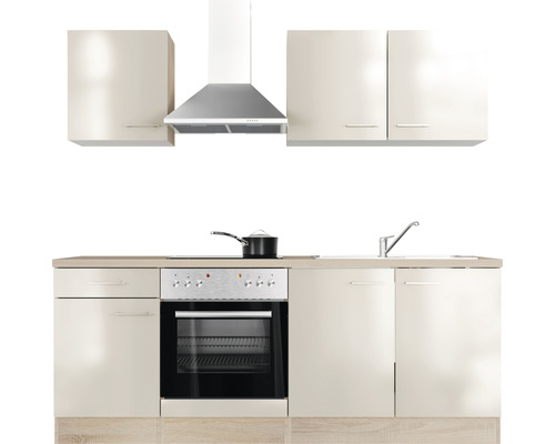 Inbouwkeuken met spoelbak, kookplaat, oven, afzuigkap en bovenkasten.