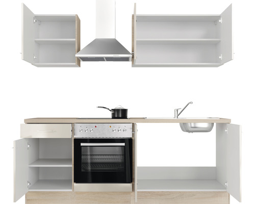 Keukenblok met spoelbak, kookplaat, oven, afzuigkap en open kasten