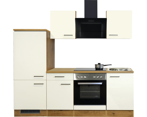 Keuken met bovenkasten, gootsteen, kookplaat, oven en afzuigkap