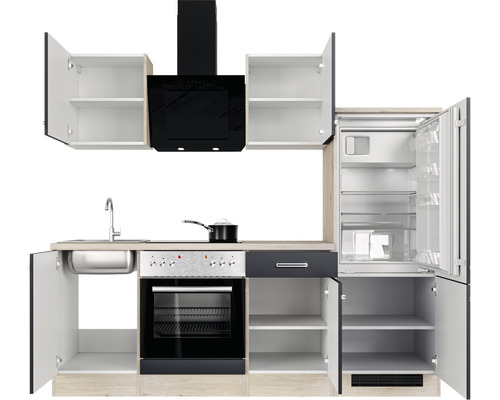 Keukenblok met gootsteen, fornuis, afzuigkap en koelkast