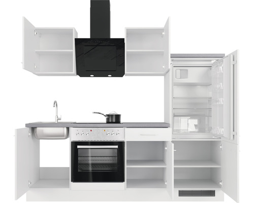 Keukenblok met spoelbak, fornuis, afzuigkap en koelkast