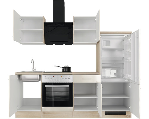 Keukenblok met spoelbak, fornuis, afzuigkap en koelkast