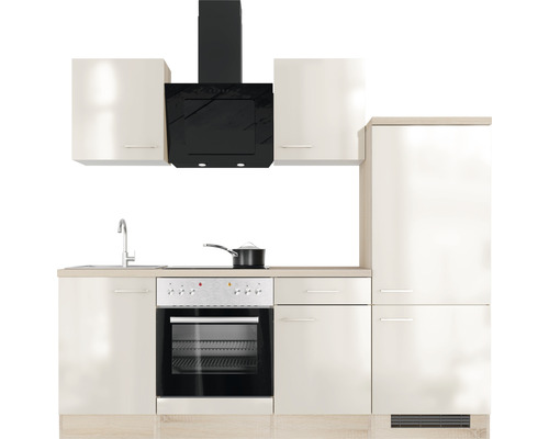 Keukenblok met spoelbak, fornuis, afzuigkap en koelkast