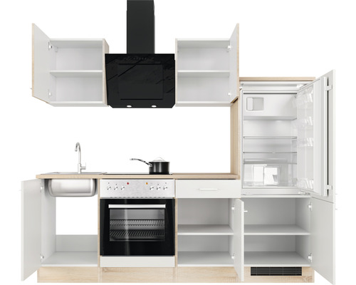 Complete keukenunit met spoelbak, kookplaat, oven, afzuigkap, koelkast en kasten