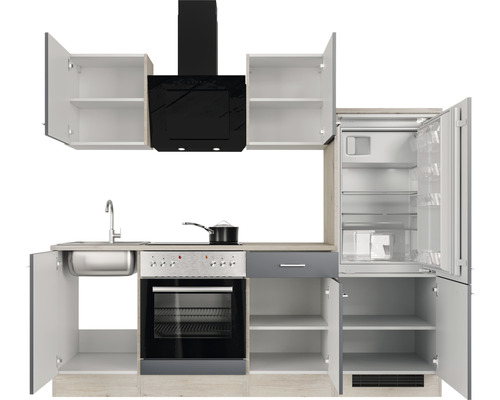 Keukenblok met spoelbak, fornuis, koelkast en afzuigkap